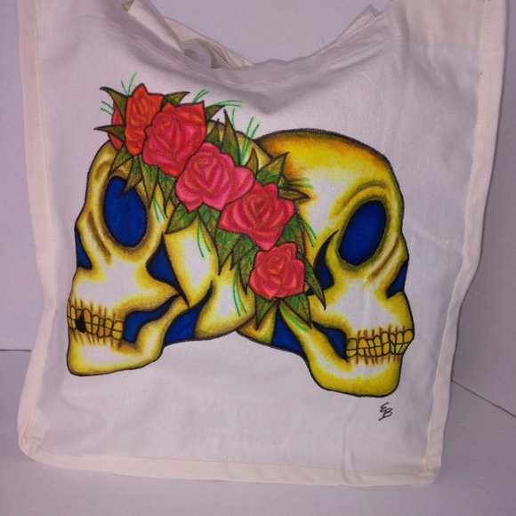 Hand-Painted Skull Tote Bag: Floral Rose Skulls, Reusable Canvas - Picture 13 of 16